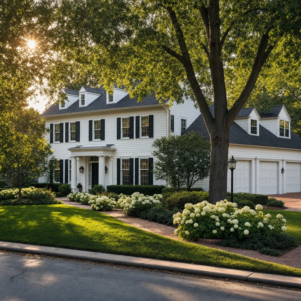 Naperville family-friendly neighborhood - upscale Colonial-style home with manicured lawn representing River Run luxury Naperville