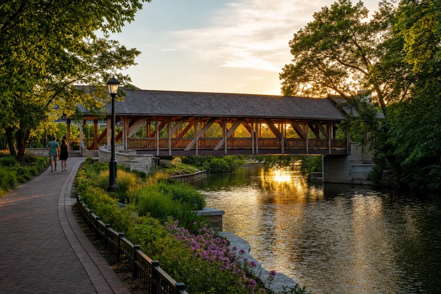 Wooden covered bridge over the DuPage River on the Naperville Riverwalk in summer