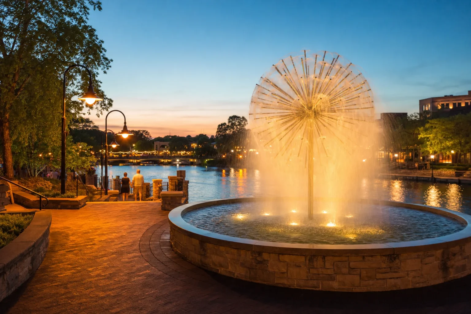 The spherical Dandelion Fountain spraying water on the Naperville Riverwalk at dusk