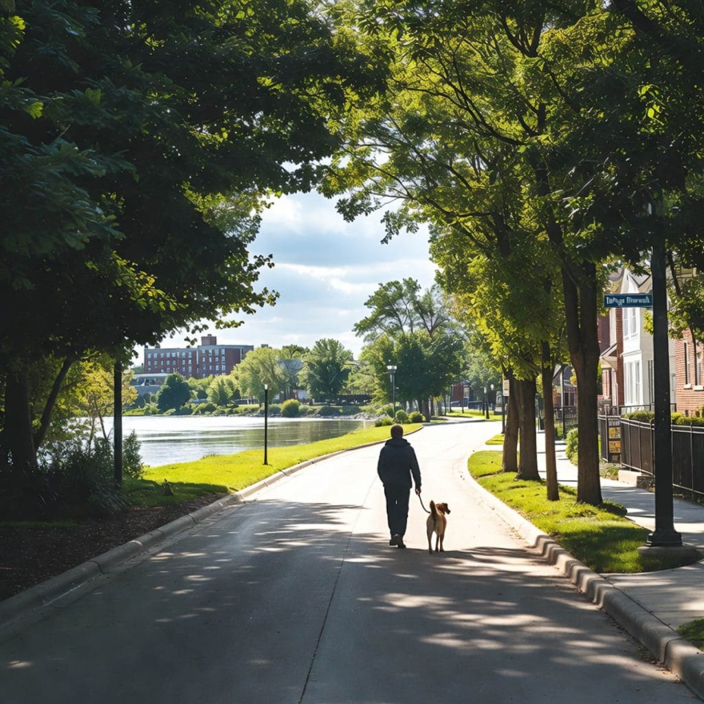 Naperville Riverwalk Dog-Friendly Walking Trail Couple walking leashed dog along DuPage Riverwalk downtown Naperville Illinois 2026