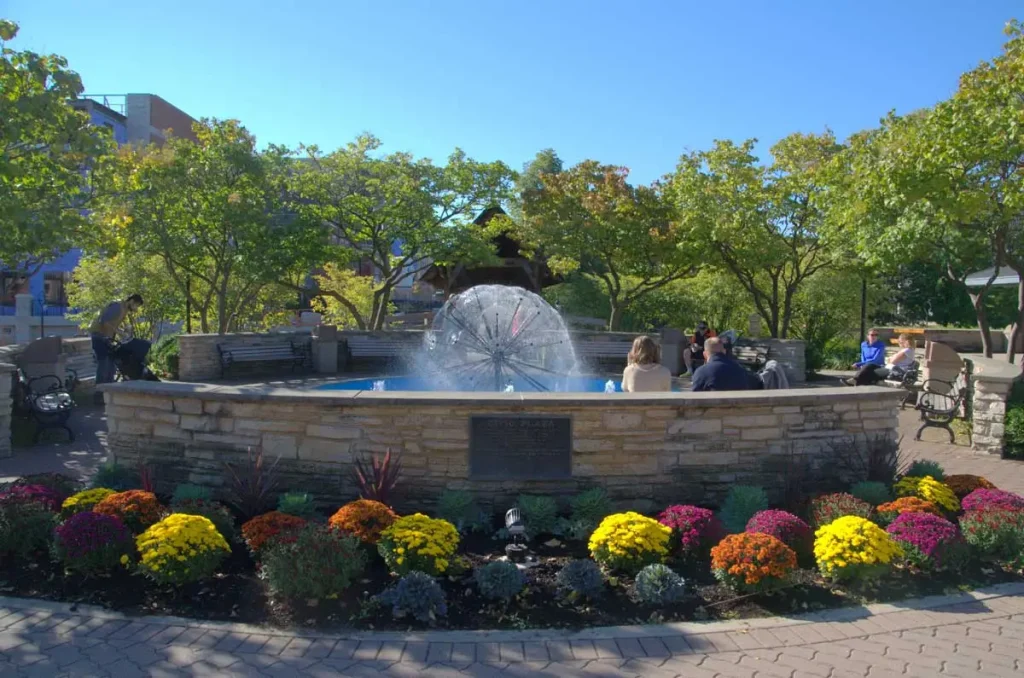 Spring flowers blooming along the Naperville Riverwalk in Naperville, Illinois