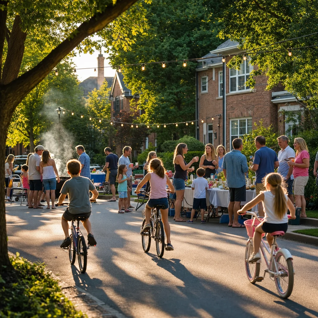 Is Naperville Safe? A Complete Guide to Crime, Police, and Community Safety 4 Is Naperville safe - neighborhood block party scene with neighbors gathered on a residential street at warm summer dusk