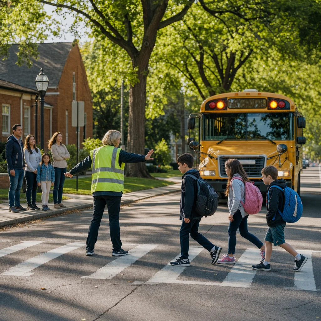 Is Naperville Safe? A Complete Guide to Crime, Police, and Community Safety 5 Is Naperville safe - school crossing guard helping kids cross a Naperville residential street with a yellow school bus stopped behind