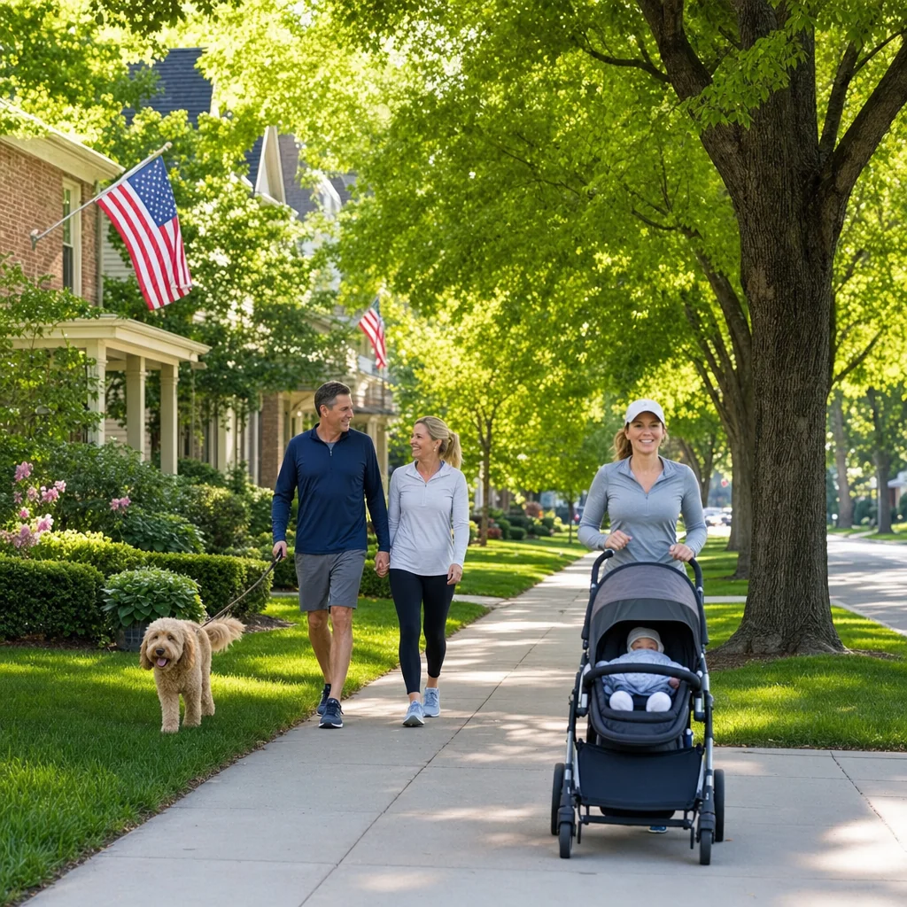 Is Naperville Safe? A Complete Guide to Crime, Police, and Community Safety 3 Is Naperville safe - quiet tree-lined Naperville sidewalk on a Saturday morning with a couple walking and a parent jogging with a stroller