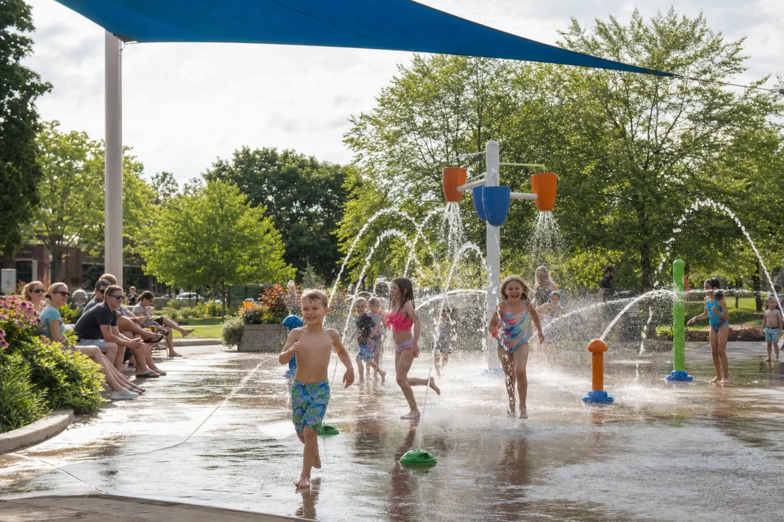 Kids running through spray features at the free 95th Street Community Plaza splash pad in Naperville 2026