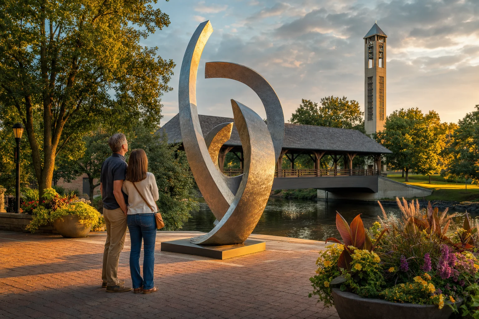 Summer sculpture on display along the DuPage Riverwalk in downtown Naperville August 2026