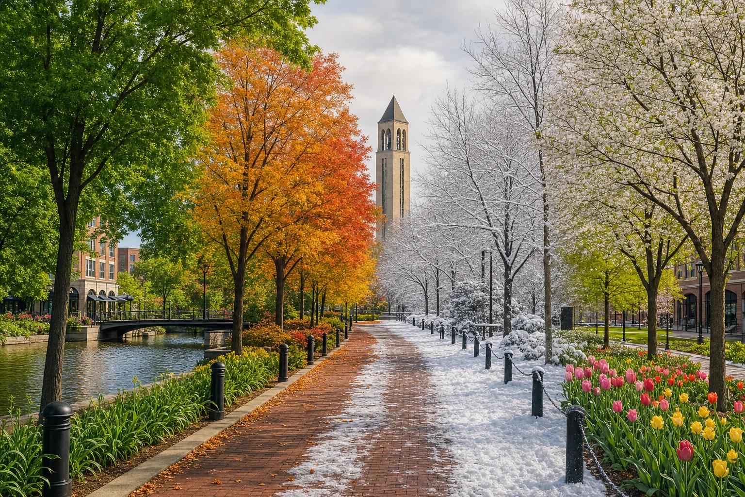 Naperville Weather Guide: Climate, Seasons, and What to Expect Year-Round 1 Naperville weather guide - the Naperville Riverwalk shown across all four seasons with summer green, fall colors, winter snow, and spring blooms