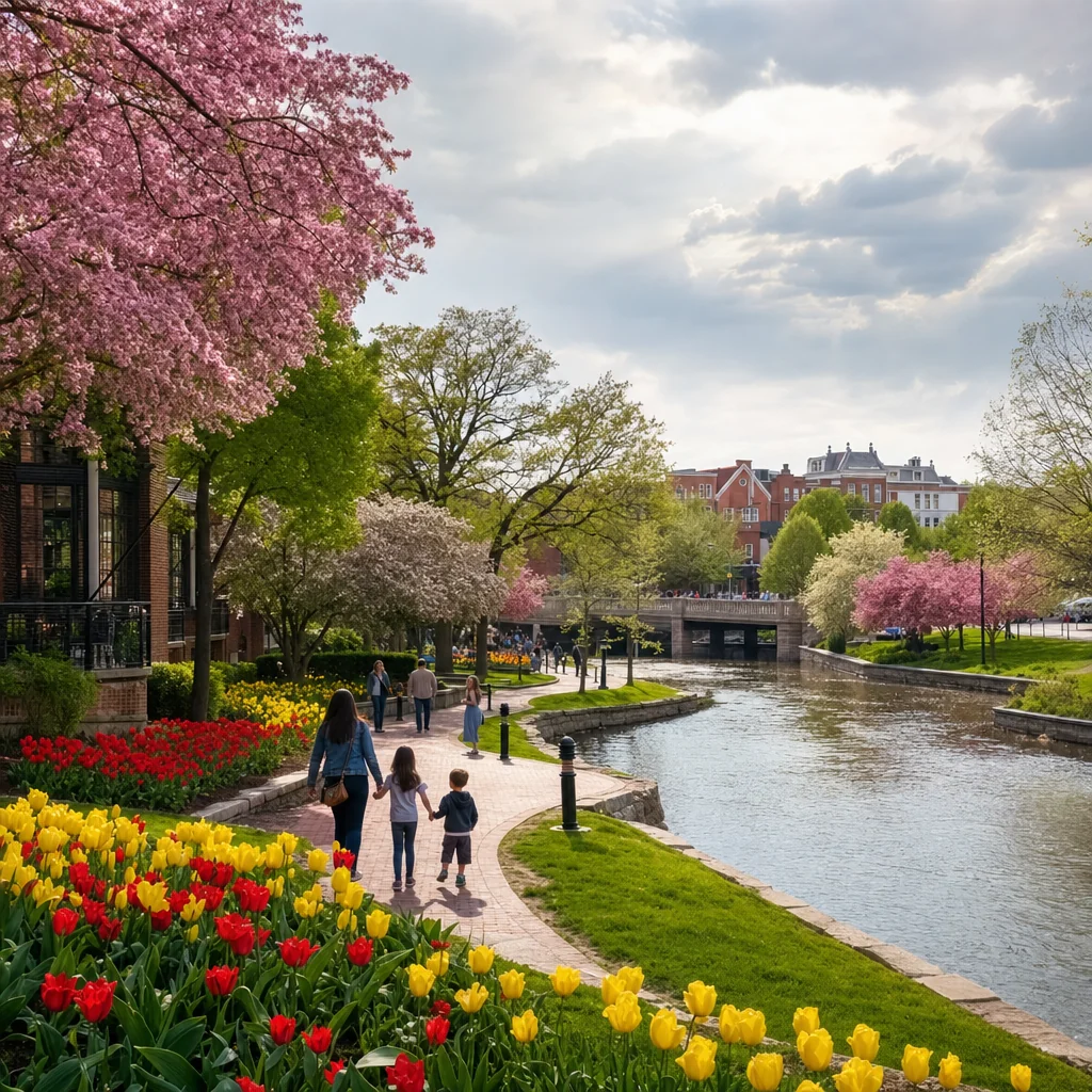Naperville Weather Guide: Climate, Seasons, and What to Expect Year-Round 5 Naperville spring weather - flowering crabapple trees in pink bloom and tulip beds in red and yellow along the Naperville Riverwalk