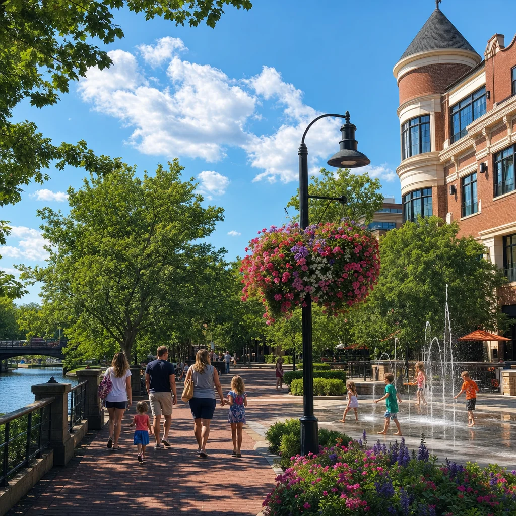 Naperville Weather Guide: Climate, Seasons, and What to Expect Year-Round 2 Naperville summer weather - sunny afternoon on the Naperville Riverwalk with families enjoying the fountains and lush green oak trees
