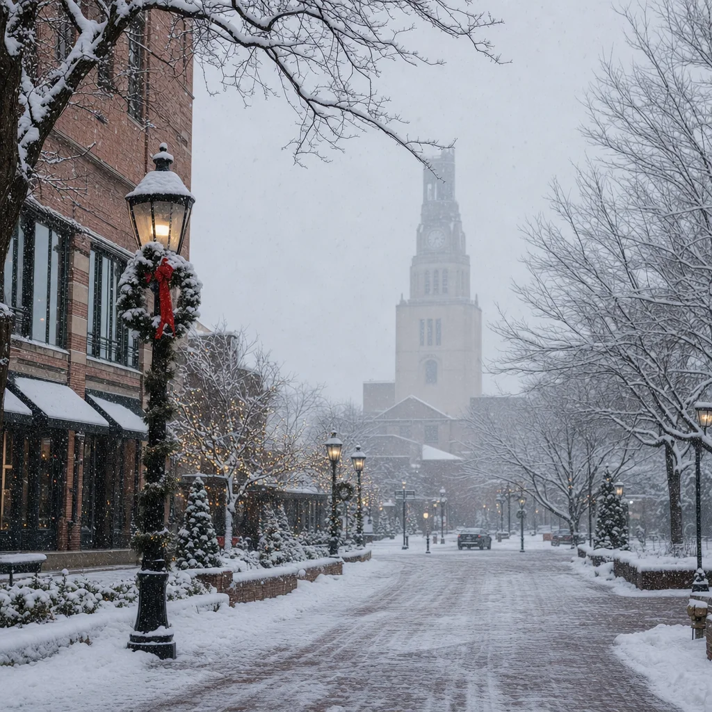 Naperville Weather Guide: Climate, Seasons, and What to Expect Year-Round 4 Naperville winter weather - fresh snow blanketing downtown Naperville brick streets with holiday lights still on lampposts