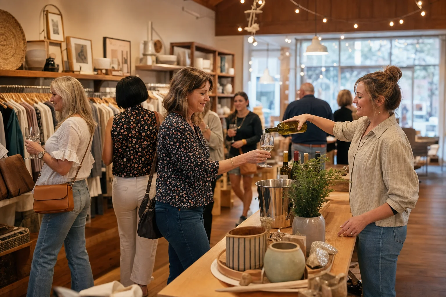 Naperville Wine Walk 2026: Dates, Tickets, and Insider Guide 3 Guests sampling wine inside a Downtown Naperville boutique during the 2026 wine walk