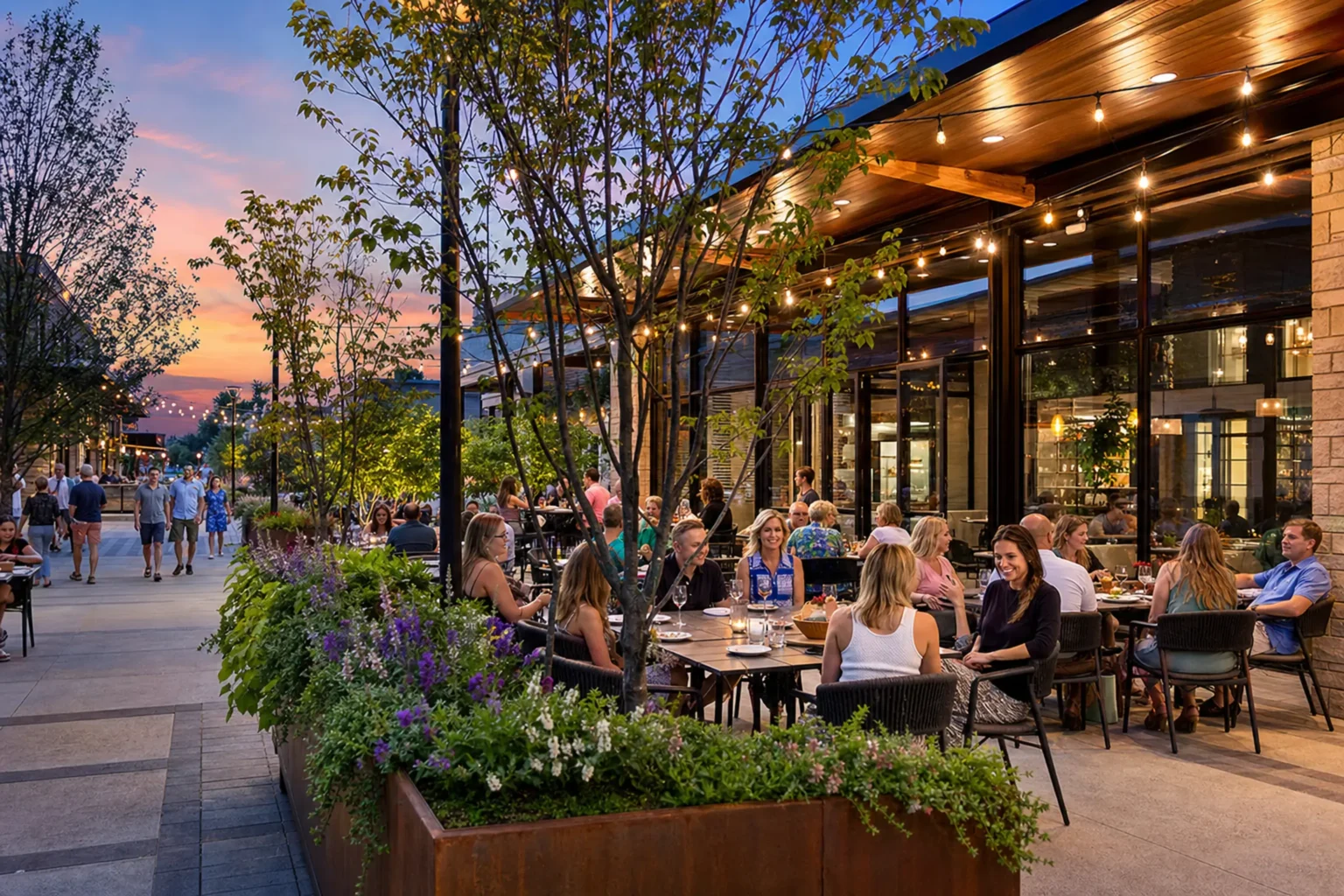 Families at seasonal patio tables in the Block 59 dining development in Naperville 2026