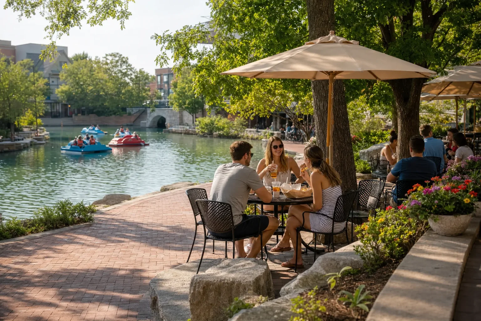Shaded riverside tables at the Riverwalk Eatery, casual outdoor dining in Naperville 2026