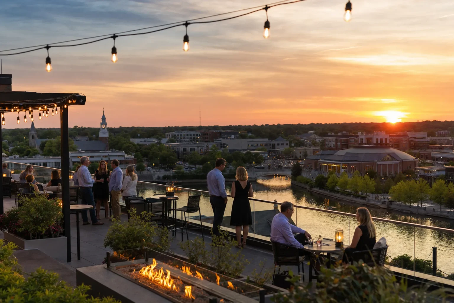 Rooftop outdoor dining in Naperville 2026 overlooking the DuPage River from the Water Street District