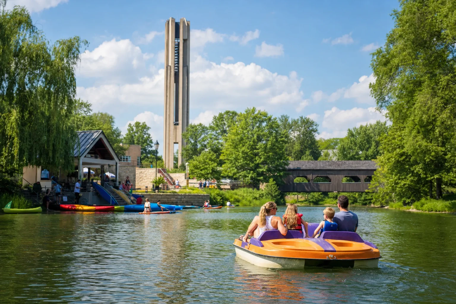 Family pedaling a paddleboat on the Paddleboat Quarry along the Naperville Riverwalk in 2026