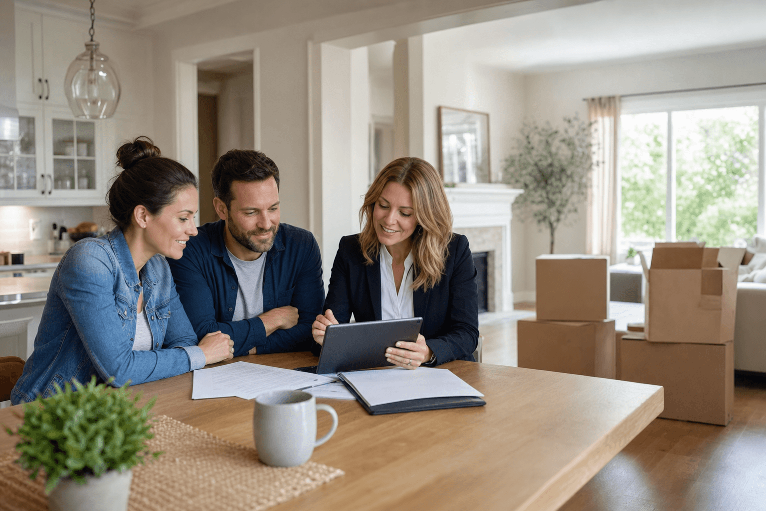 Relocating From Naperville? Sell Without Leaving Money on the Table 1 Relocating couple reviews a Naperville home-sale plan with an agent beside packed moving boxes