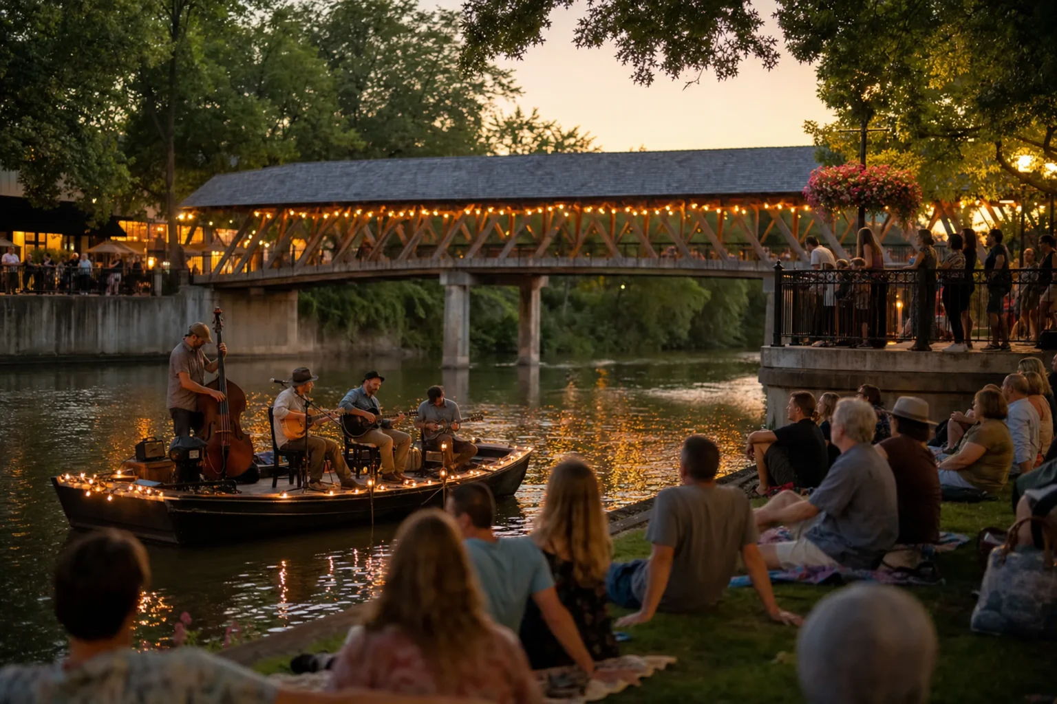 Free Summer Concerts in Naperville 2026: Where to Hear Live Music 2 River Sounds 2026 acoustic performance from a boat on the DuPage River along the Naperville Riverwalk