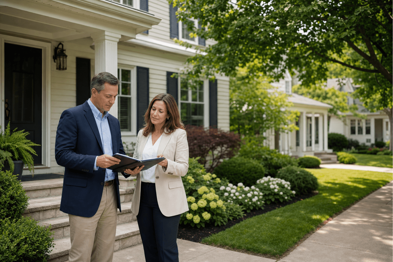 Heir and real estate agent review inherited-home sale paperwork outside a Naperville home