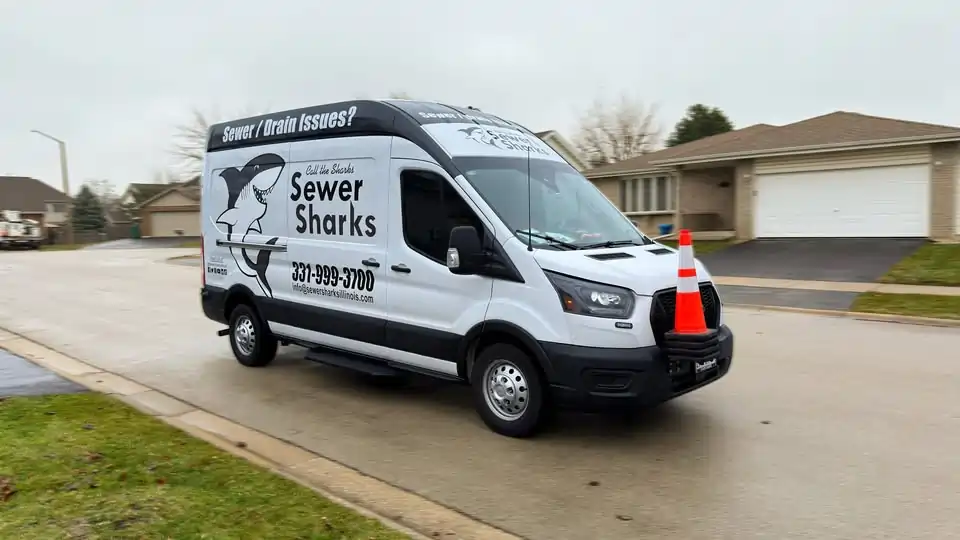 Sewer Sharks service van parked in a residential neighborhood for sewer and drain service in the Naperville area.
