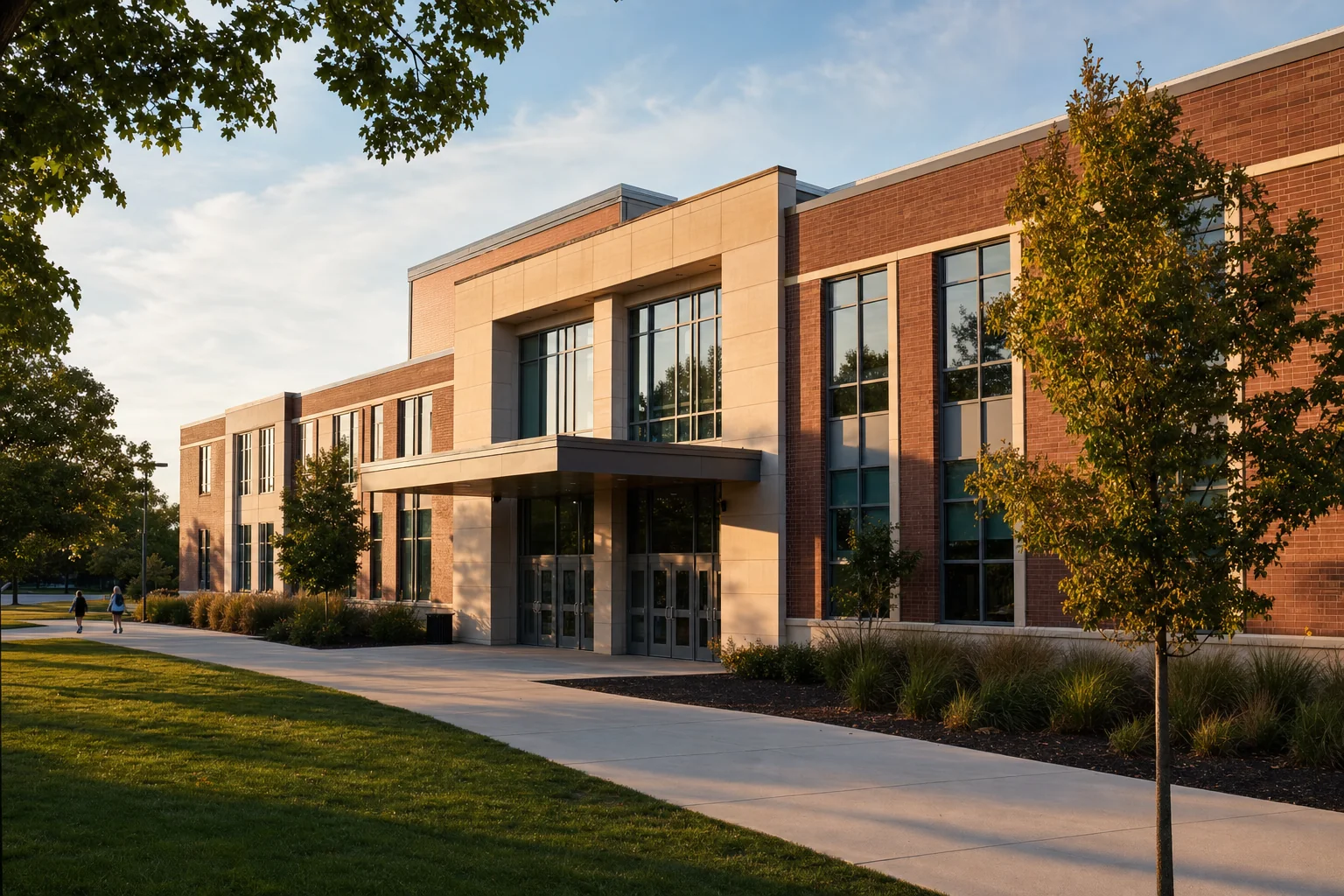 Schools 4 Editorial illustration of a contemporary brick middle school entrance on a landscaped suburban campus, representing Still Middle School in Aurora