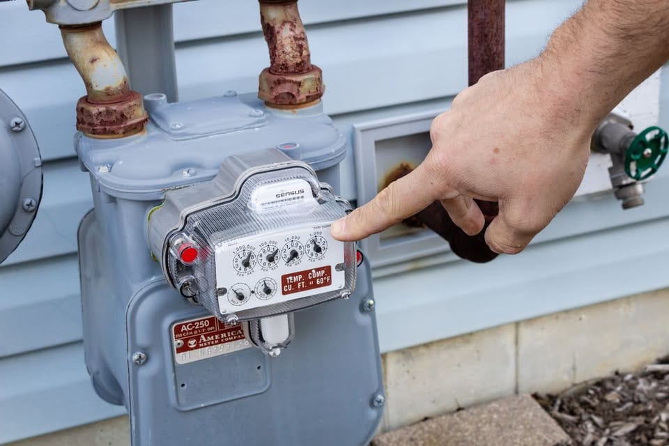 The Home Inspection Man checking a residential gas meter during a home inspection near Naperville Illinois