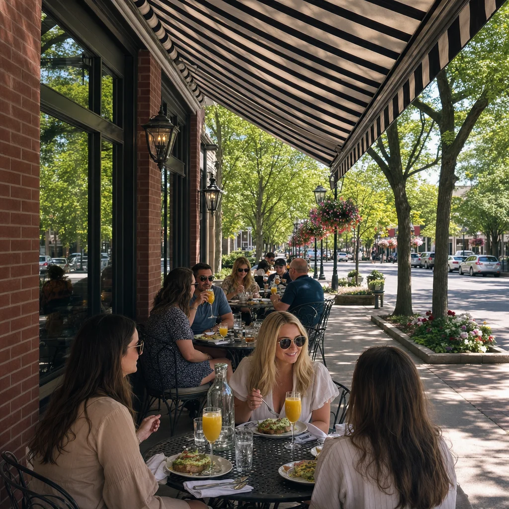 Outdoor café patio in downtown Naperville with diners enjoying weekend brunch — a top thing to do in Naperville this weekend