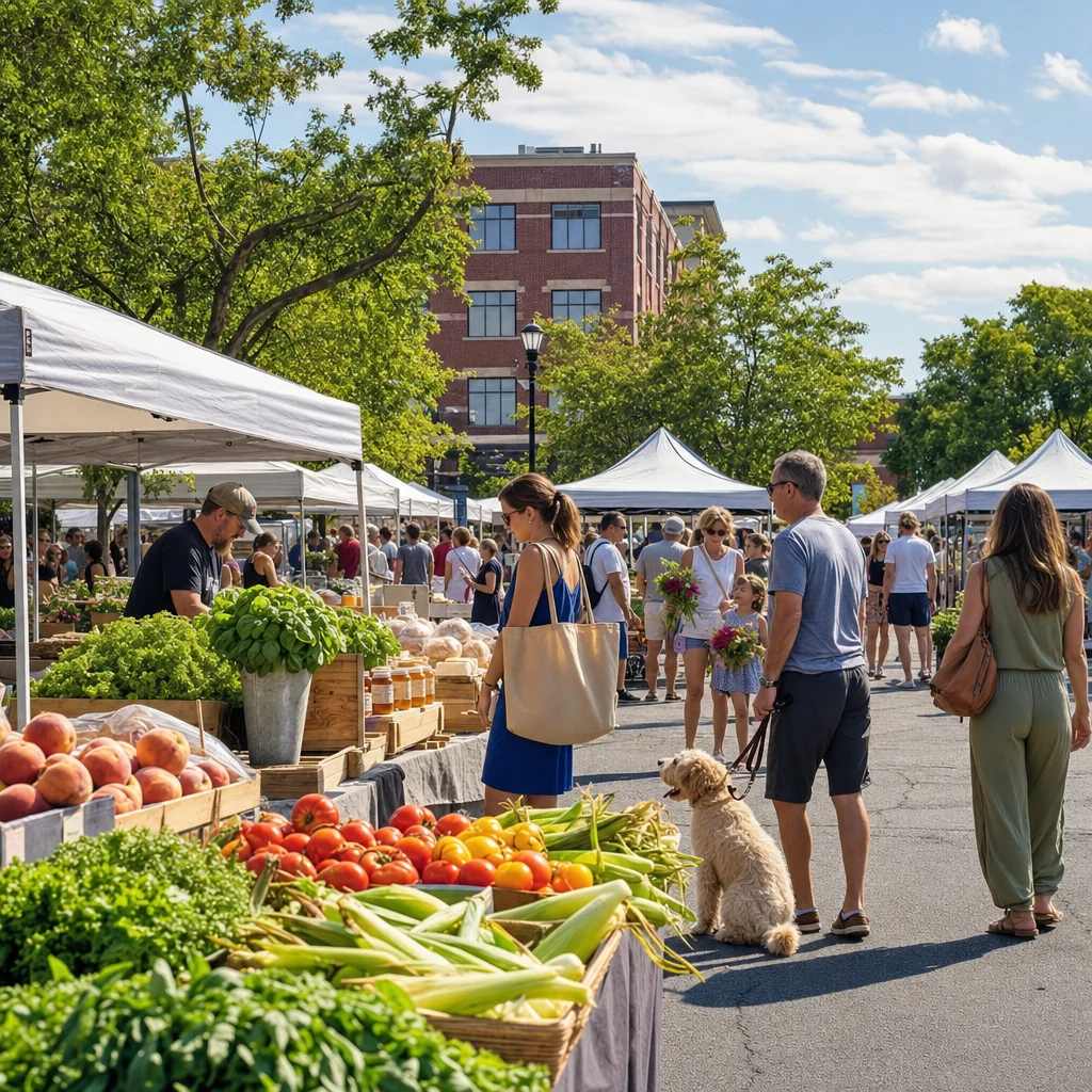 Downtown Naperville Farmers Market with white pop-up tents, fresh produce, and weekend shoppers — a popular Saturday morning thing to do