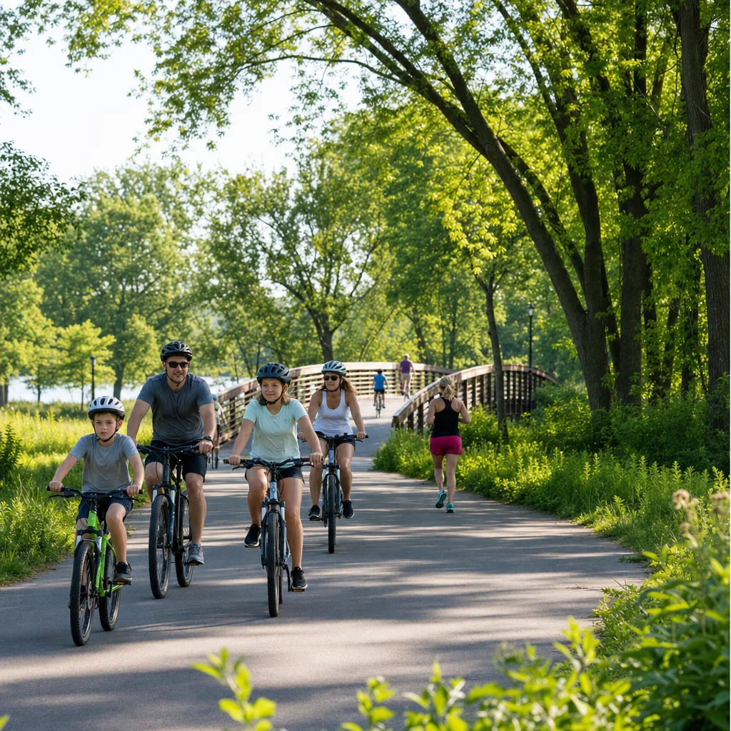 Cyclists on a paved bike trail through a Naperville suburban park — a popular weekend recreation activity