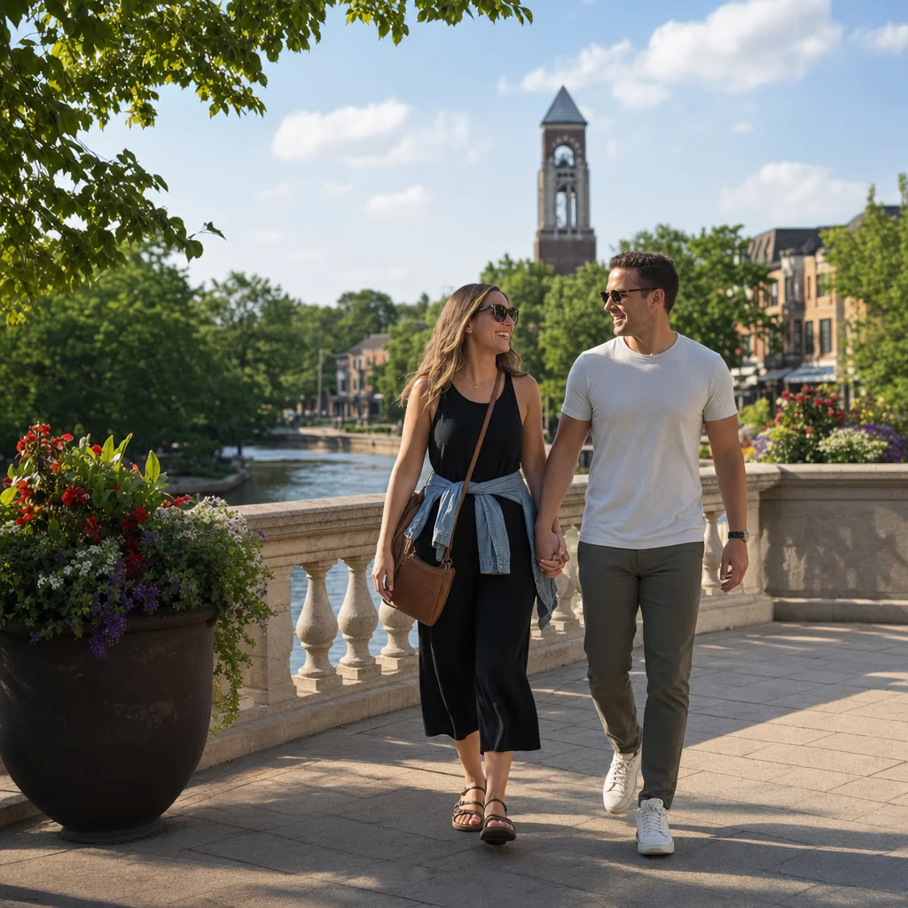 Couple walking hand-in-hand across a stone bridge on the Naperville Riverwalk during a weekend visit