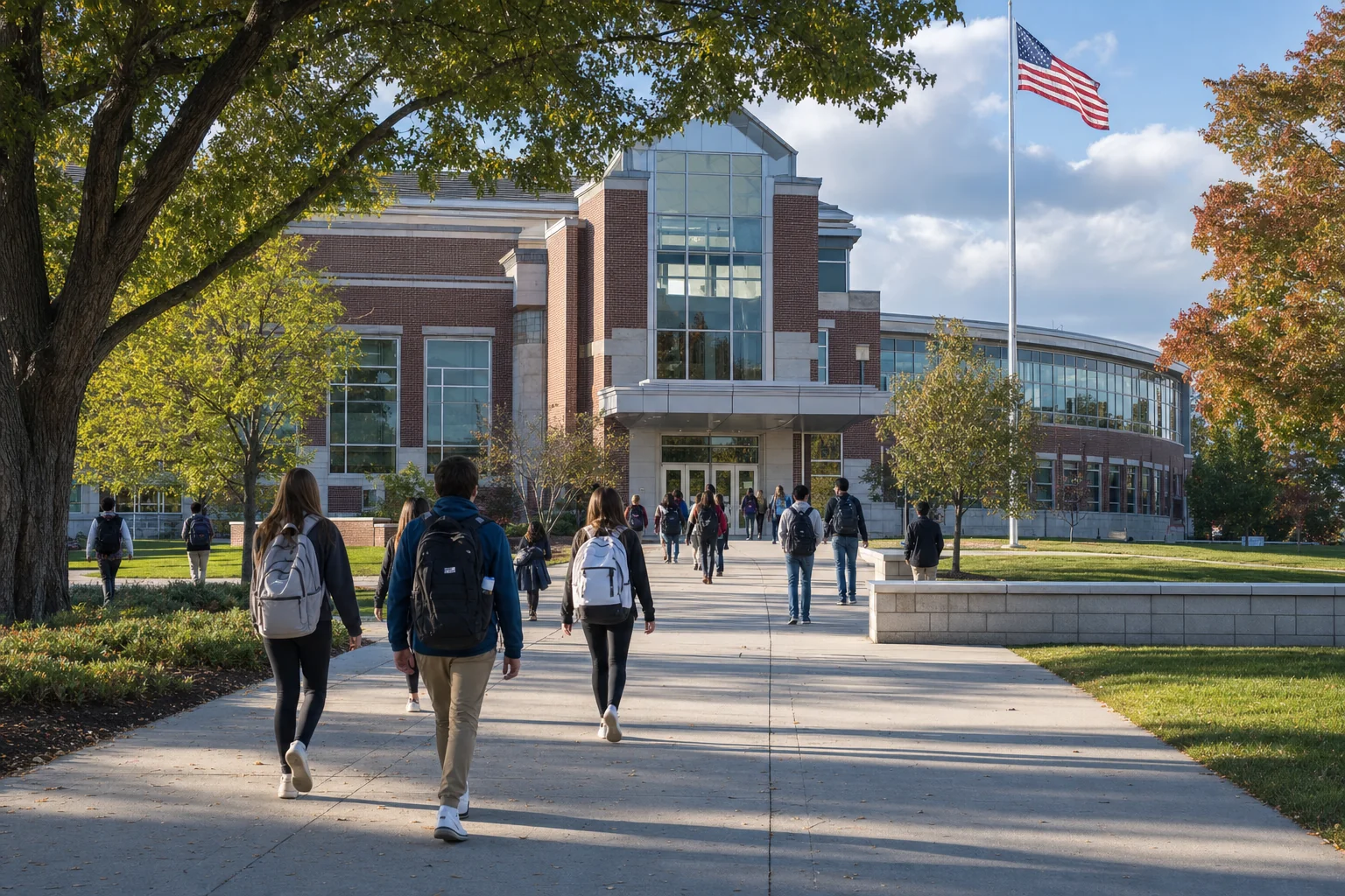 Top-Rated Schools in Naperville: District 203 & 204 Parent's Guide 1 Top rated schools in Naperville - modern American high school campus exterior with students walking toward the entrance on a sunny morning