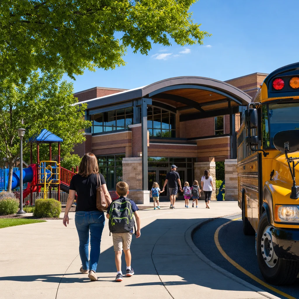 Top-Rated Schools in Naperville: District 203 & 204 Parent's Guide 3 Top rated schools in Naperville - modern elementary school exterior with colorful playground equipment and kids being walked to the entrance