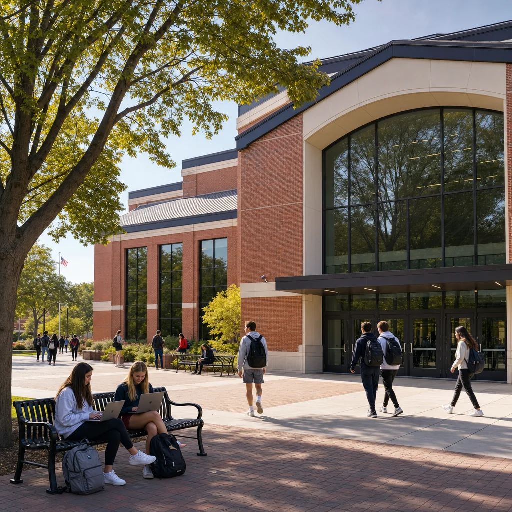 Top-Rated Schools in Naperville: District 203 & 204 Parent's Guide 2 Top rated high schools in Naperville - modern brick architecture with large glass windows and a wide plaza with mature trees