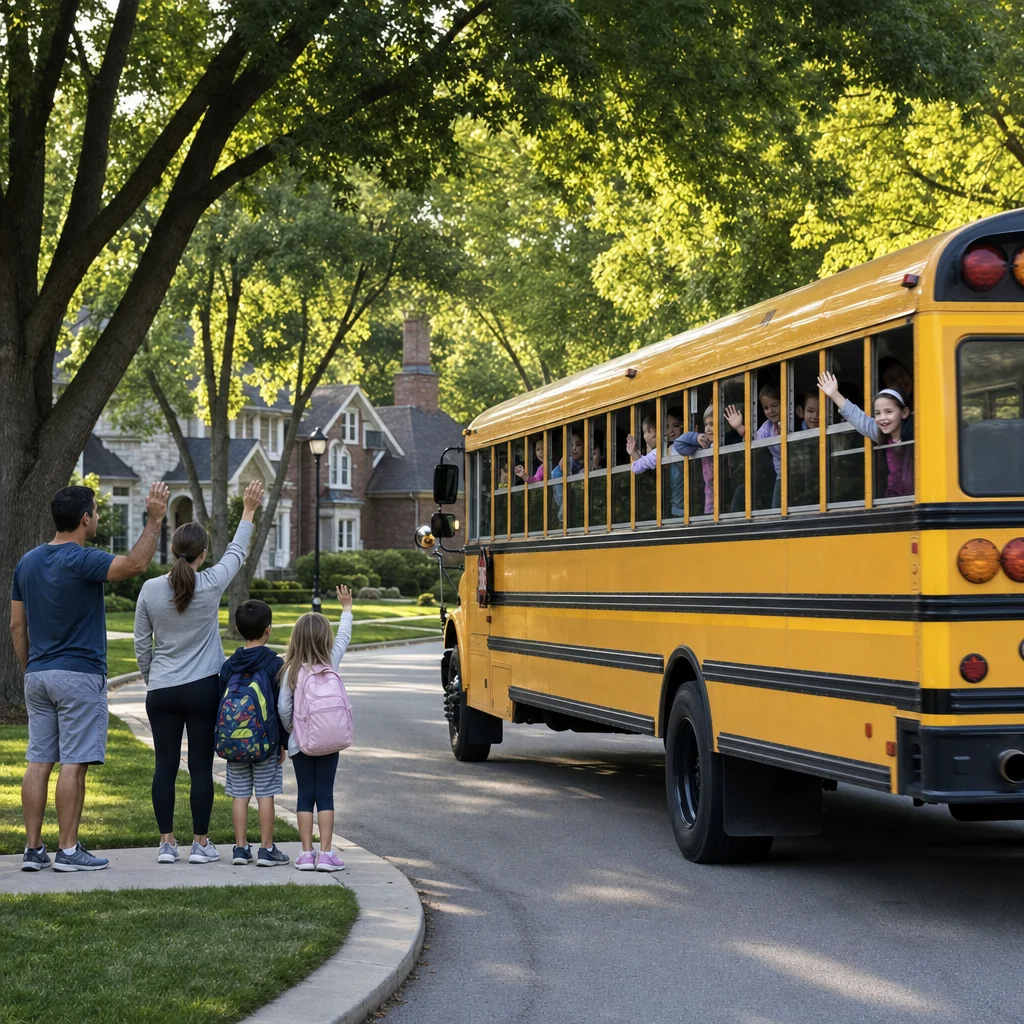 Top-Rated Schools in Naperville: District 203 & 204 Parent's Guide 5 Top rated schools in Naperville - yellow school bus pulling away from a tree-lined Naperville neighborhood stop with kids waving from the windows