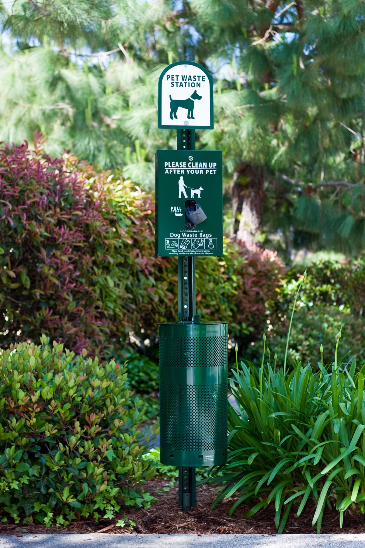 Dog waste station with disposal bags installed in a landscaped community area in Naperville, Illinois.